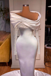 Elegant White Evening Dress Long Sleeves with Beadings