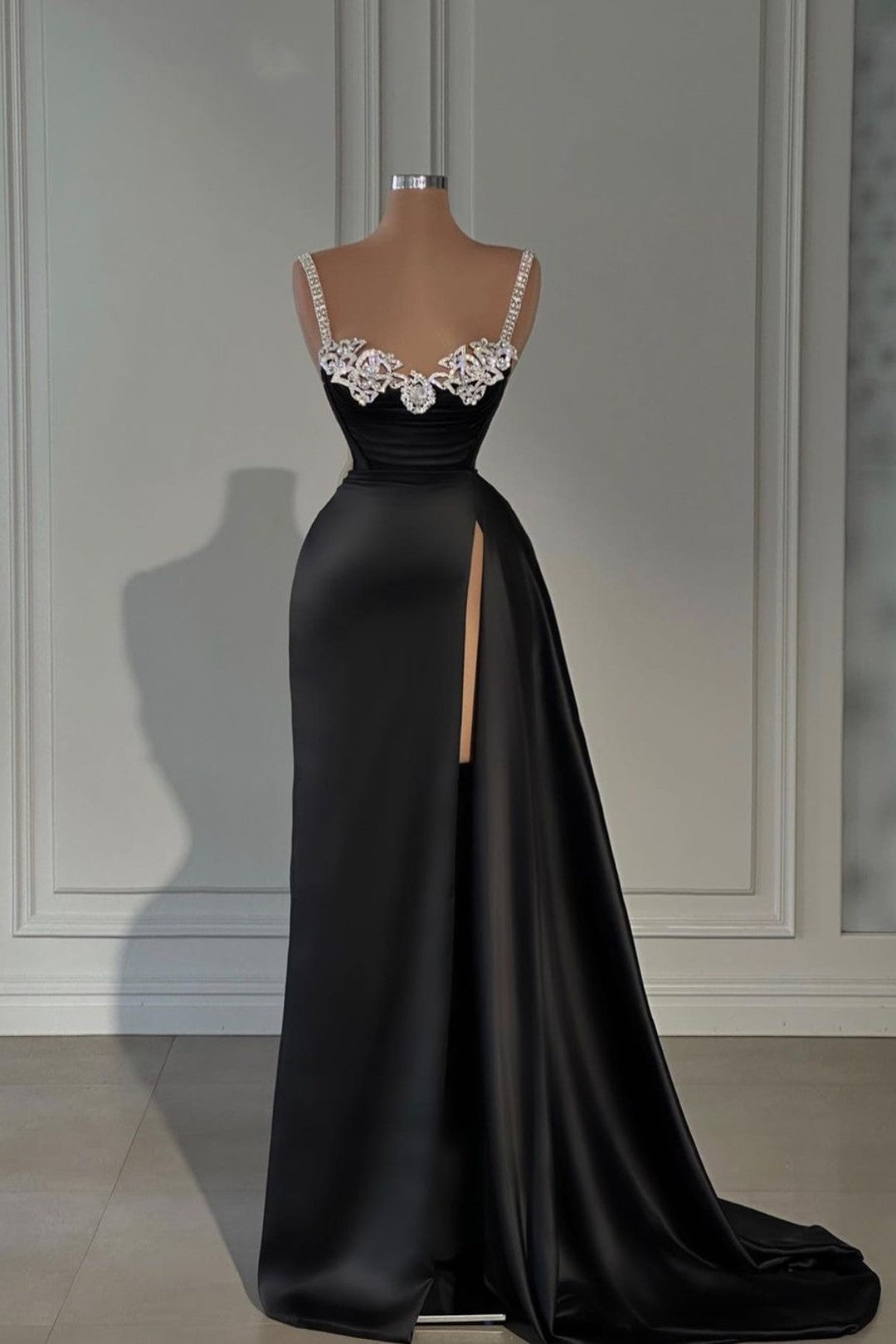 Black Satin Spaghetti Strap Evening Dress with Split and Beadings