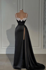 Black Satin Spaghetti Strap Evening Dress with Split and Beadings