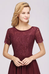 Burgundy Round Neck Lace A-Line Bridesmaid Dress