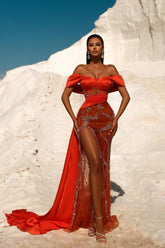 Off-the-Shoulder Orange Evening Gown with Beaded Pleats