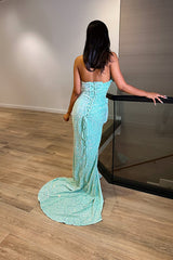Baby Blue Sequins Evening Dress Sleeveless Taping V Neck with Slit