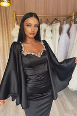 Gorgeous Black Long Sleeve Evening Dress with Applique Pleats