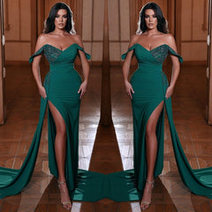 Emerald Off-The-Shoulder Mermaid Evening Dress with V-Neck and Ruffles Split