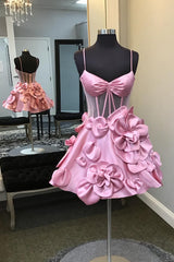 Pink Corset A Line Short Homecoming Dress With 3D Flowers