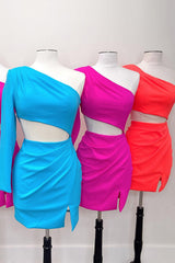 Red One Shoulder Bodycon Short Homecoming Dress With Slit