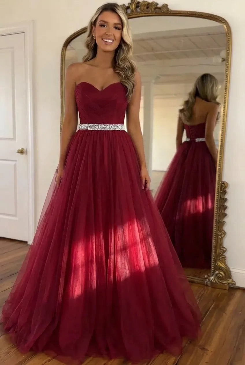 Burgundy strapless sweetheart A-line tulle long prom dress - 27dress
