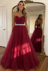 Burgundy strapless sweetheart A-line tulle long prom dress - 27dress