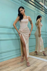Elegant Sequin Shoulder Straps Mermaid Evening Dress with Split