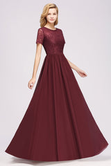 Burgundy Round Neck Lace A-Line Bridesmaid Dress
