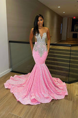 Pink Sleeveless Sequins Mermaid Evening Dress Long with Slit