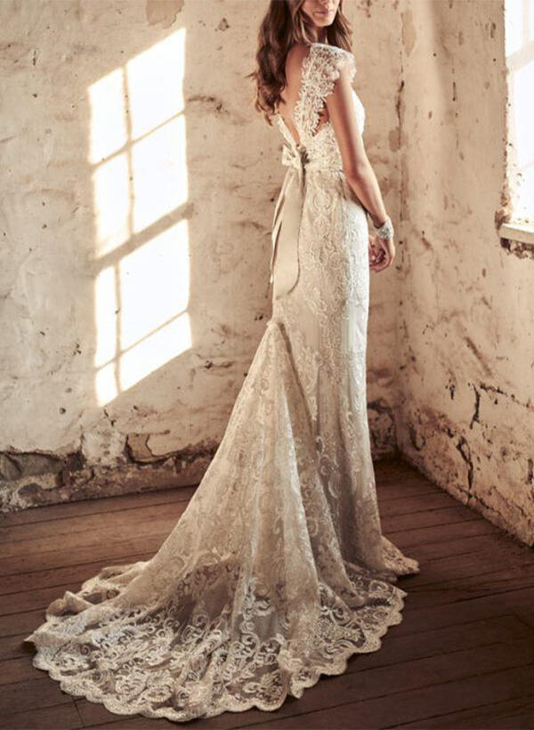 Long Mermaid V Neck Lace Sweep Train Backless Wedding Dresses
