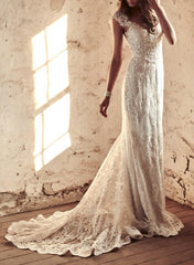 Long Mermaid V Neck Lace Sweep Train Backless Wedding Dresses