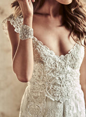 Long Mermaid V Neck Lace Sweep Train Backless Wedding Dresses