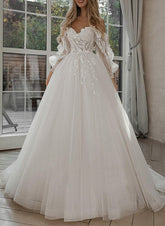 Long Ball Gown Sweetheart Tulle Lace Sweep Train Wedding Dresses with Sleeves