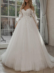 Long Ball Gown Sweetheart Tulle Lace Sweep Train Wedding Dresses with Sleeves