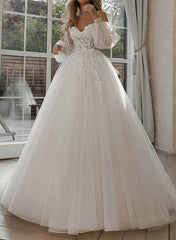 Long Ball Gown Sweetheart Tulle Lace Sweep Train Wedding Dresses with Sleeves