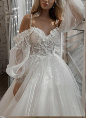 Long Ball Gown Sweetheart Tulle Lace Sweep Train Wedding Dresses with Sleeves