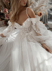 Long Ball Gown Sweetheart Tulle Lace Sweep Train Wedding Dresses with Sleeves