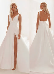Long A-line V Neck Satin Backless Front Slit Wedding Dress With Pockets