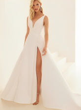 Long A-line V Neck Satin Backless Front Slit Wedding Dress With Pockets
