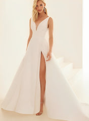 Long A-line V Neck Satin Backless Front Slit Wedding Dress With Pockets