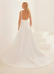 Long A-line V Neck Satin Backless Front Slit Wedding Dress With Pockets