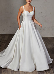 Long Ball Gown Strapless Sweep Train Satin Wedding Dress with Pockets