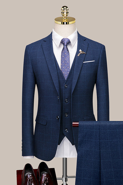 men-suits-navy-blue-plaid-close-fitting-fashion-formal-business-blazer