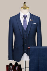 men-suits-navy-blue-plaid-close-fitting-fashion-formal-business-blazer