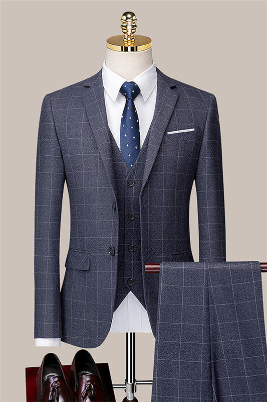 men-blazer-gray-three-pieces-plaid-notched-lapel-bespoke-business-suits