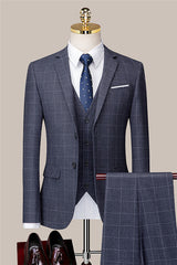 men-blazer-gray-three-pieces-plaid-notched-lapel-bespoke-business-suits