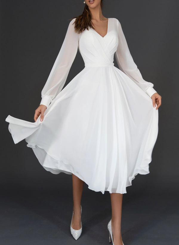 Short A-line V-neck Chiffon Tea-Length Wedding Dress with Sleeves