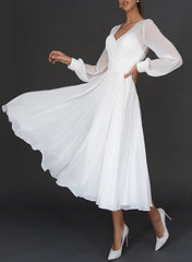 Short A-line V-neck Chiffon Tea-Length Wedding Dress with Sleeves