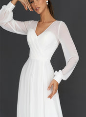 Short A-line V-neck Chiffon Tea-Length Wedding Dress with Sleeves