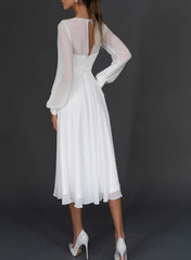 Short A-line V-neck Chiffon Tea-Length Wedding Dress with Sleeves