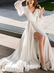 Long Sleeves A-Line V-neck Chiffon Wedding Dresses With Slit