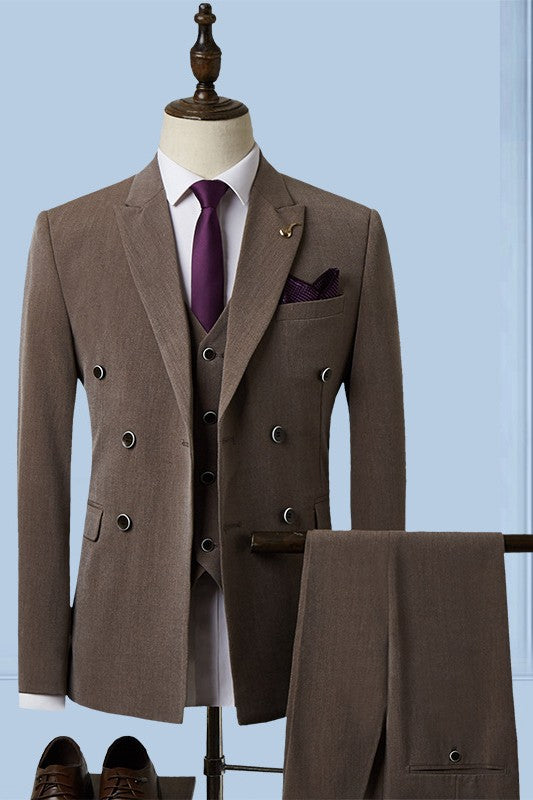 men-bespoke-taupe-brown-single-breasted-three-pieces-peaked-lapel-business-suits