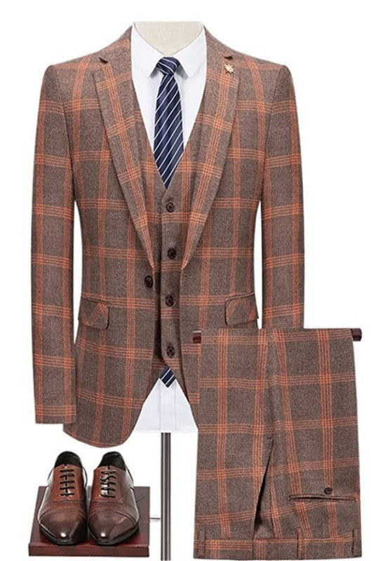men-blazer-fancy-deep-gray-with-reddish-brown-plaid-slim-fit-business-suits
