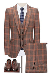 men-blazer-fancy-deep-gray-with-reddish-brown-plaid-slim-fit-business-suits