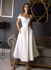 Short A-line Off the Shoulder Satin Tea Length Wedding Dress with Pockets
