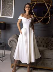 Short A-line Off the Shoulder Satin Tea Length Wedding Dress with Pockets