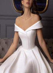 Short A-line Off the Shoulder Satin Tea Length Wedding Dress with Pockets