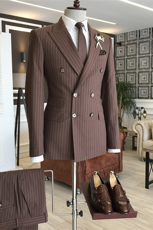 men-stylish-coffee-peaked-lapel-double-breasted-striped-business-suits