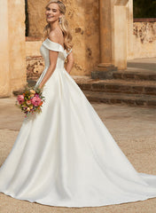 Classic Long A-line Off The Shoulder Satin Wedding Dress With Pockets