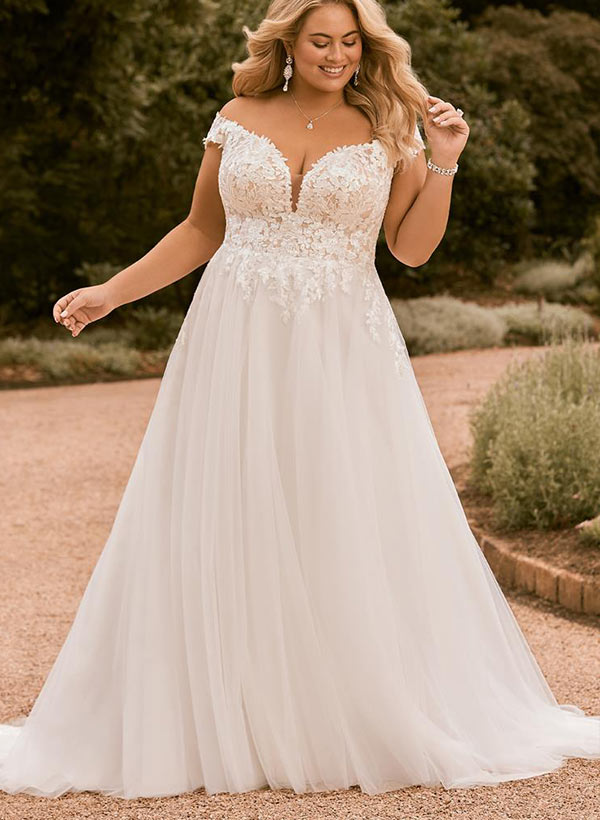 Long Off The Shoulder A-Line Tulle Lace Beach Wedding Dress