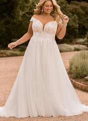 Long Off The Shoulder A-Line Tulle Lace Beach Wedding Dress
