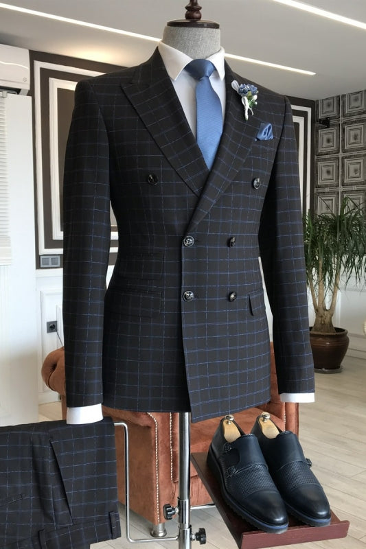 men-slim-fit-black-peaked-lapel-double-breasted-suits-with-blue-plaid