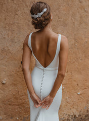 Elegant Long Mermaid V-neck Satin Open Back Wedding Dress