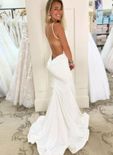 White Long V-neck Satin Mermaid Open Back Wedding Dresses